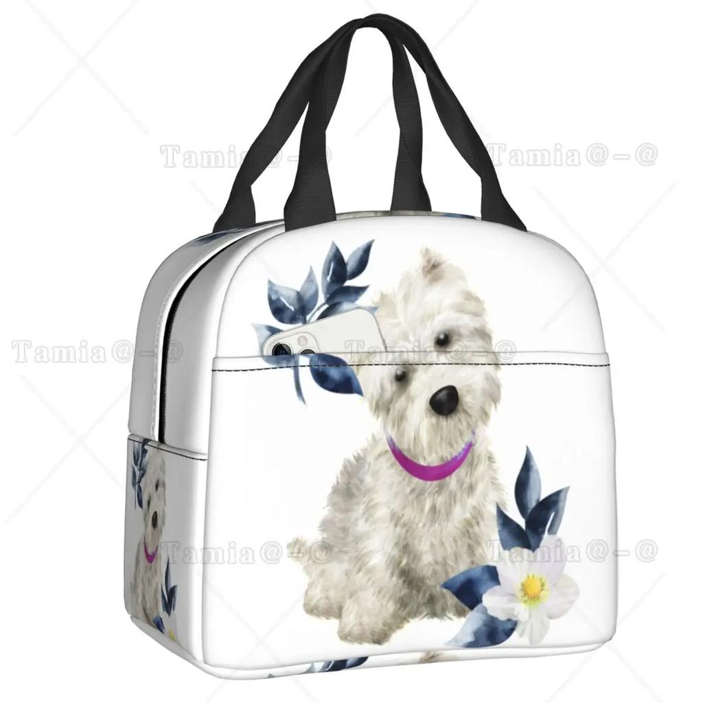 Westies Polka Dot Cartoon Pattern Insulated Lunch Bag Leakproof West Highland White Terrier Dog Thermal Cooler Lunch Tote Kids