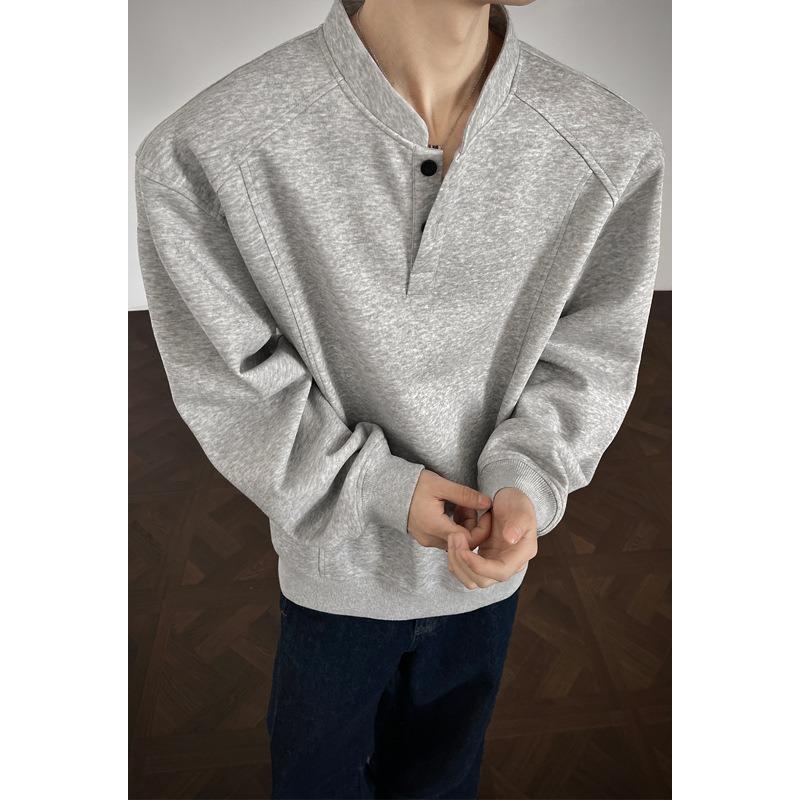 Mens Henry Collar Heavy Cotton Casual Pullover Sweatshirt Daily Wear Top