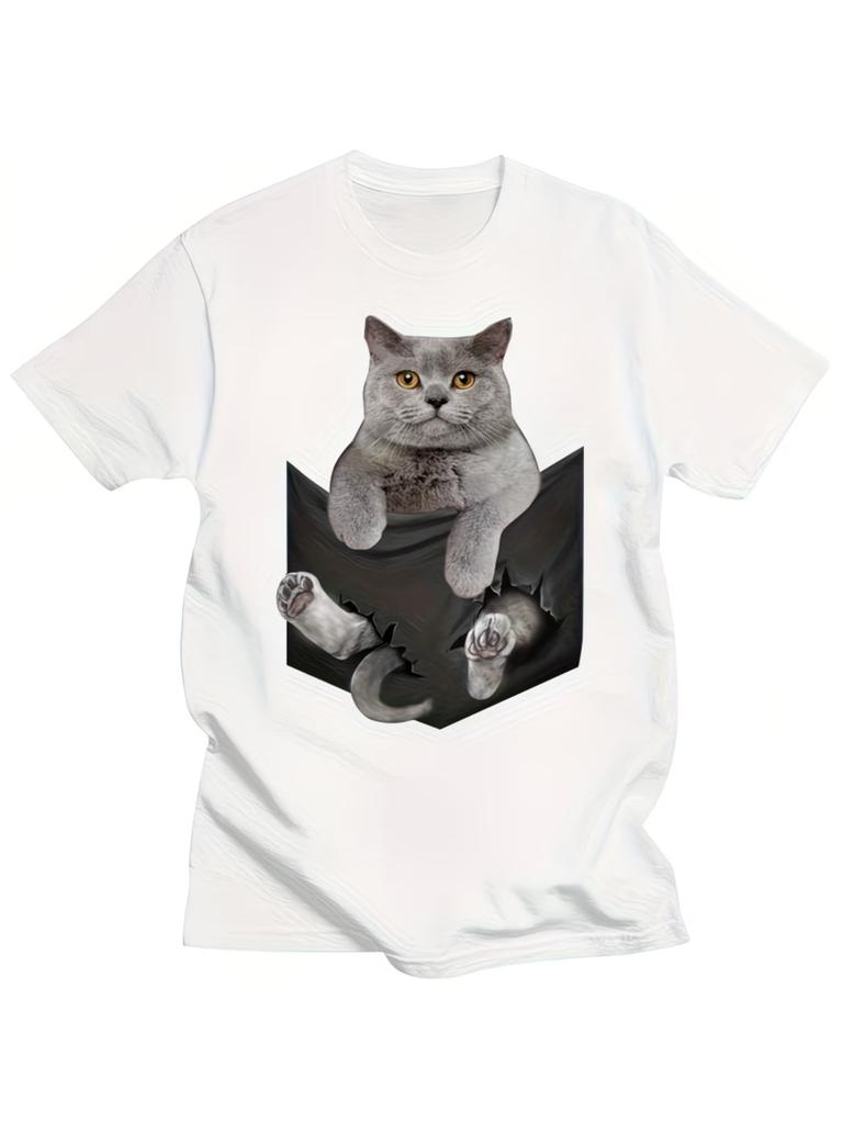 Funny 3D Cat In Pocket TShirt Creative Ginger Cat Graphic Tee Realistic Animal Print Top Unique Illusion Summer Casual Tshirt