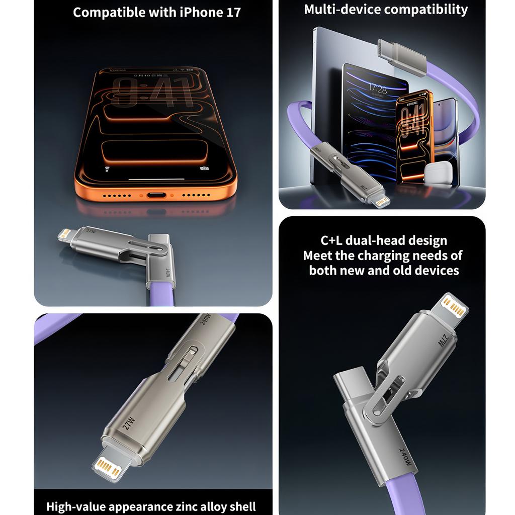 240W PD 4-in-1 Multi Charging Cable USB C Fast Data Sync Wire Compatible With All Smart Phones