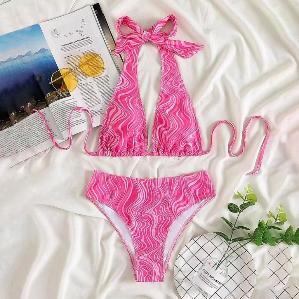 Women's Printed Swimsuit Ladies Split Cross Tie High Waist Swimsuit Two-Piece Set