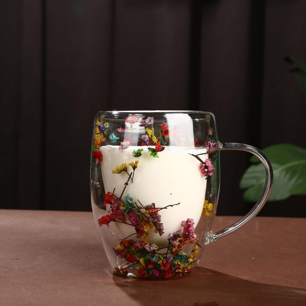 Export Double Cup Real Flower Dried Flower High Borosilicate Glass High Value Milk Cup Juice Cup Coffee Cup