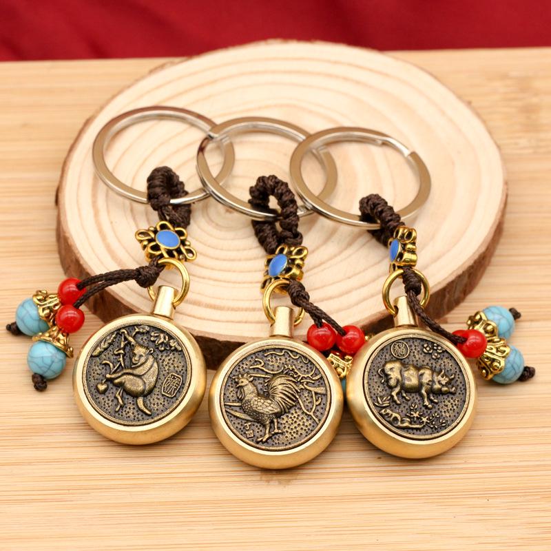 Rotating Brass Zodiac Signs Vermilion Gourd Keychain for Wealth & Treasures