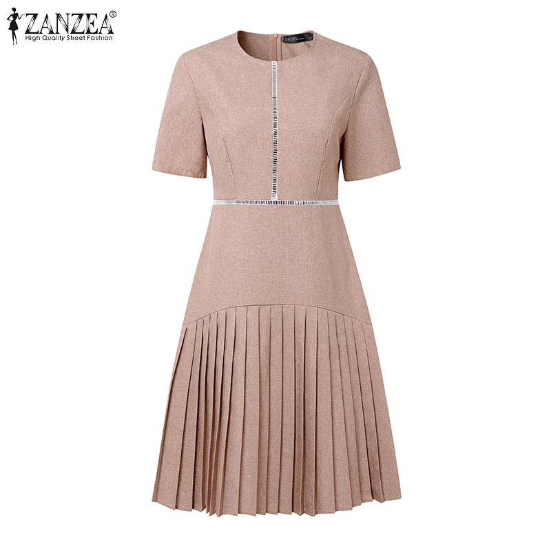 ZANZEA Dámské ležérní letní šaty s krátkým rukávem a kulatým výstřihem s plisováním