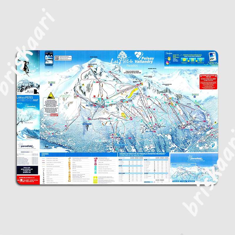 Карта горнолыжного курорта Les Arcs Peisey Vallandry Металлическая табличка Настенная Декор для пещеры паба гаража Забавная картина Жестяная табличка Постеры 20x30cm