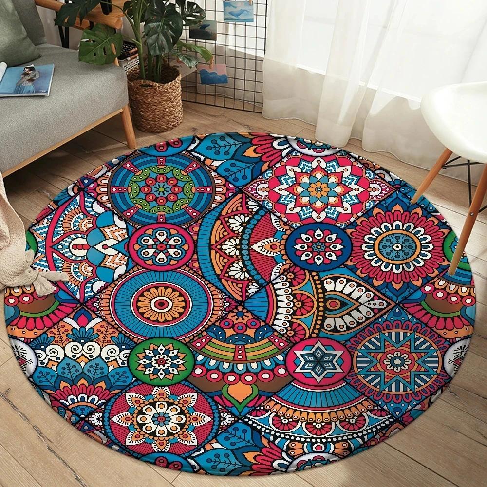 

Boho Mandala Round Carpet Colorful Floral Print Area Rug For Living Room Bedroom Chair Non-Slip Floor Mat Home Kitchen Doormat 60cm