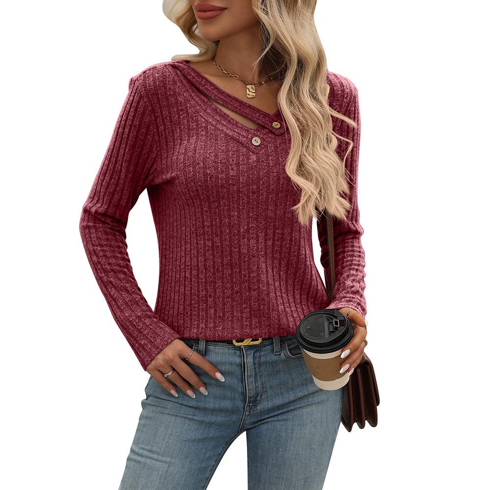Women's Cutout V Neck Long Sleeve Ribbed Knit Top Casual Button Detail Loose Fit Fall Winter Daily Basic Tee Shirt