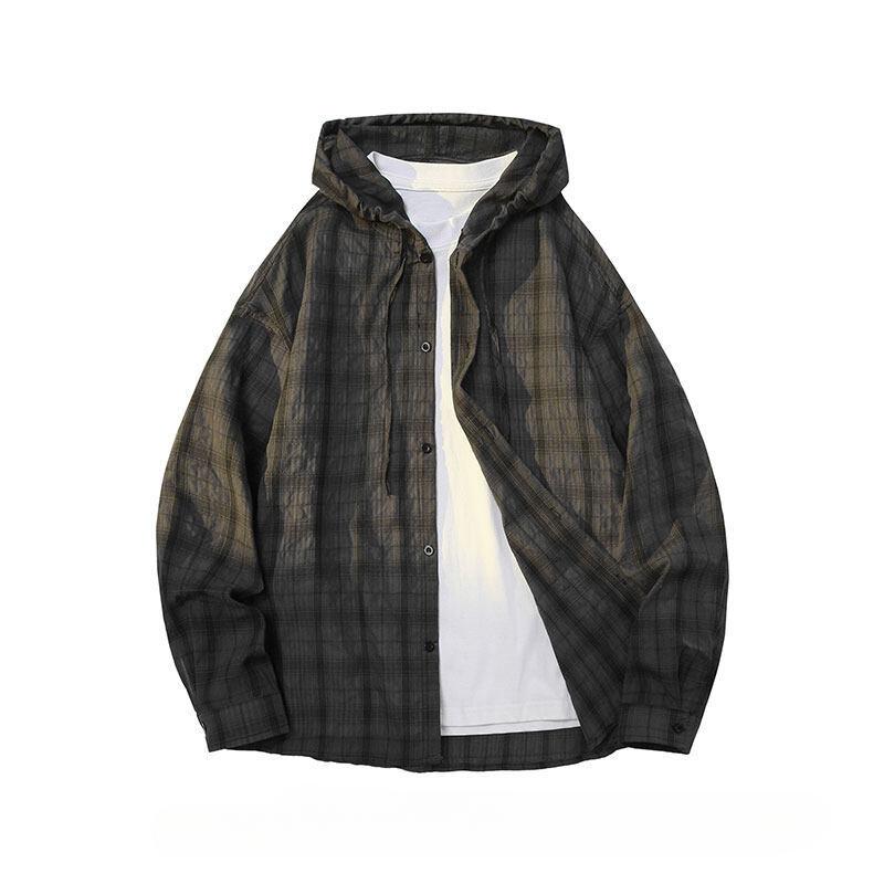 Hooded Plaid Long-sleeved Shirt Men and Women Loose Shirt Sun Protection Jacket American Retro Thin Button Cardigan