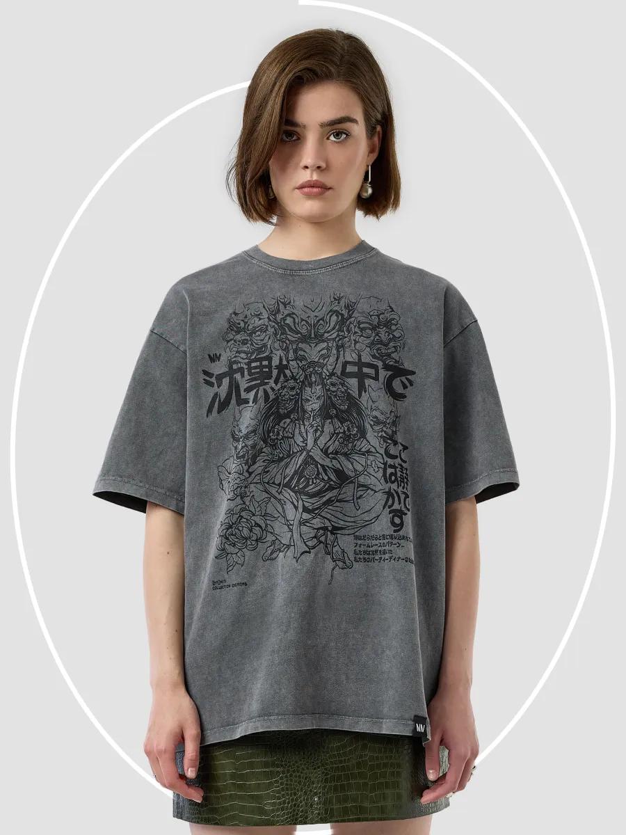 Acid-wash cotton printed T-shirt L