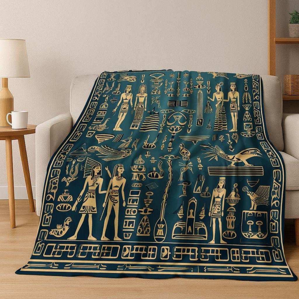 Ancient Egyptian Hieroglyphic Symbols Carved Murals Flannel Blanket,Cozy Soft Throw Blanket for Home Bedroom Bed Sofa Cover Gift