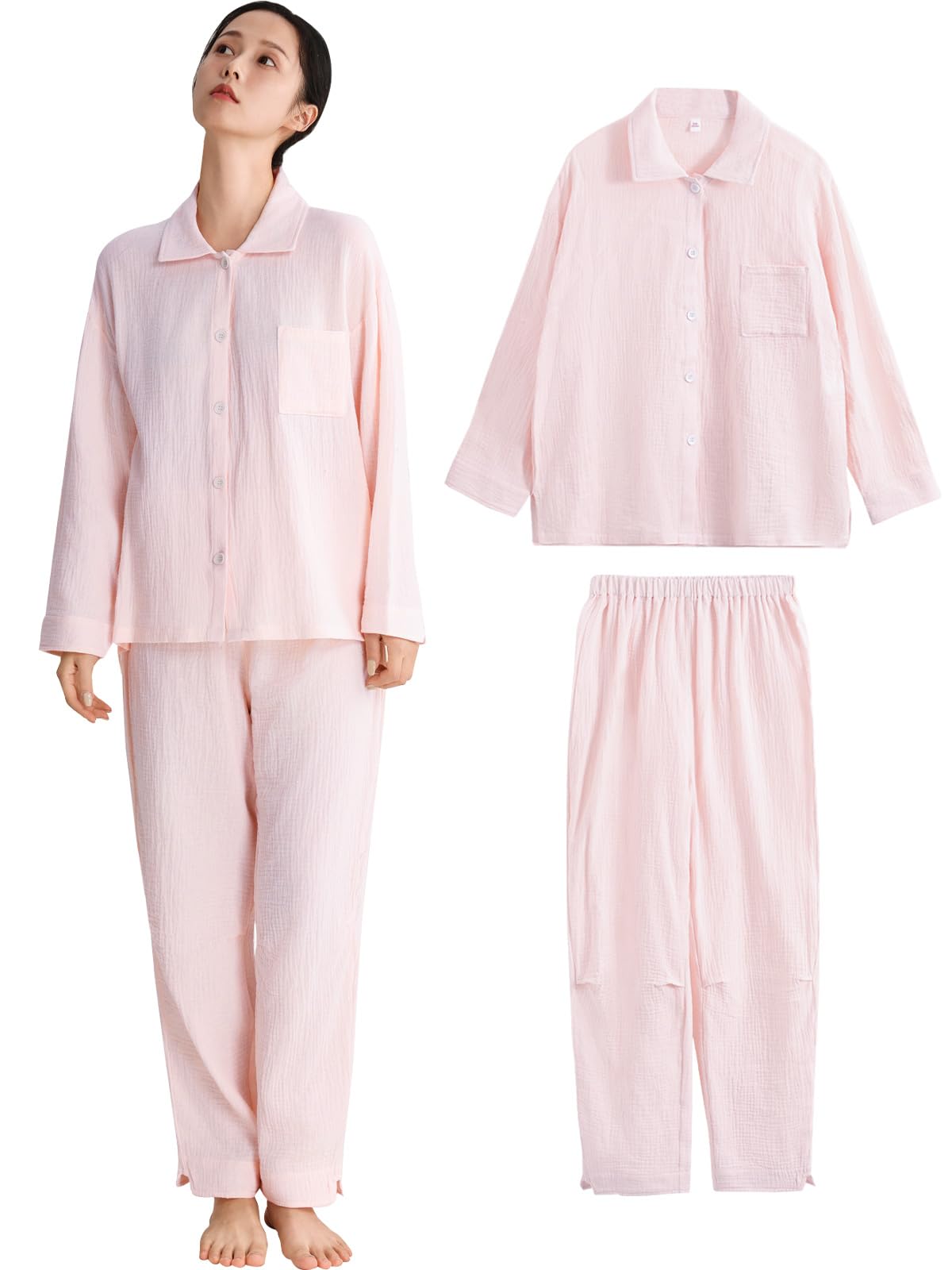 

Long Front Top and Bottom Sweat Loose For Hospital Gift [Sumolux] Women s Pajamas, 100% Cotton, Loungewear, Sleeves, Spring, Gauze, Opening, Set, рожевий