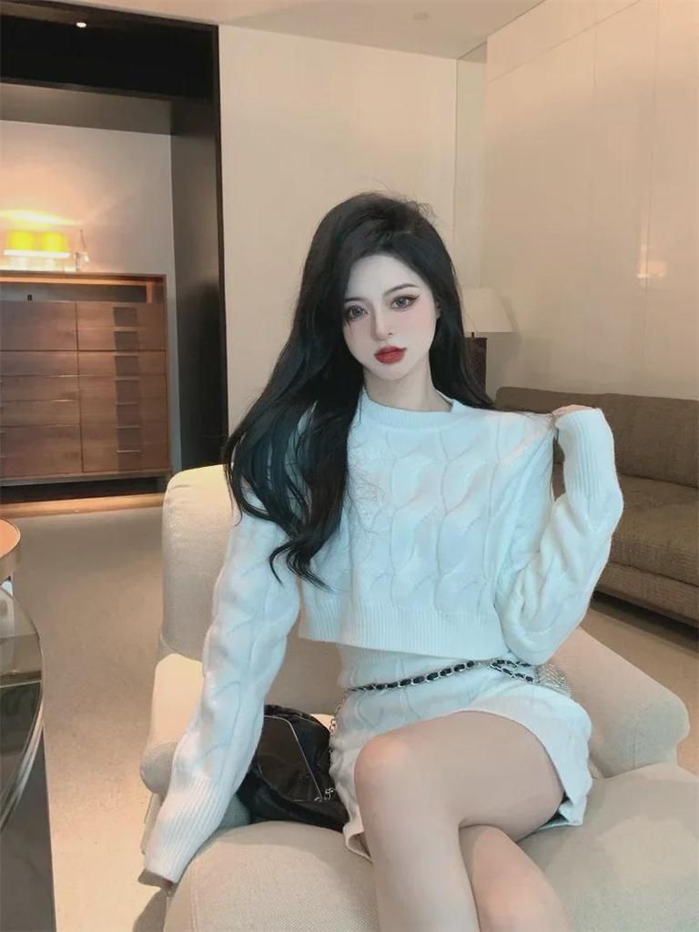 Women's Cable Knit Sweater & Skirt Set - Slim Fit Long Sleeve Top with High Waist Short Skirt