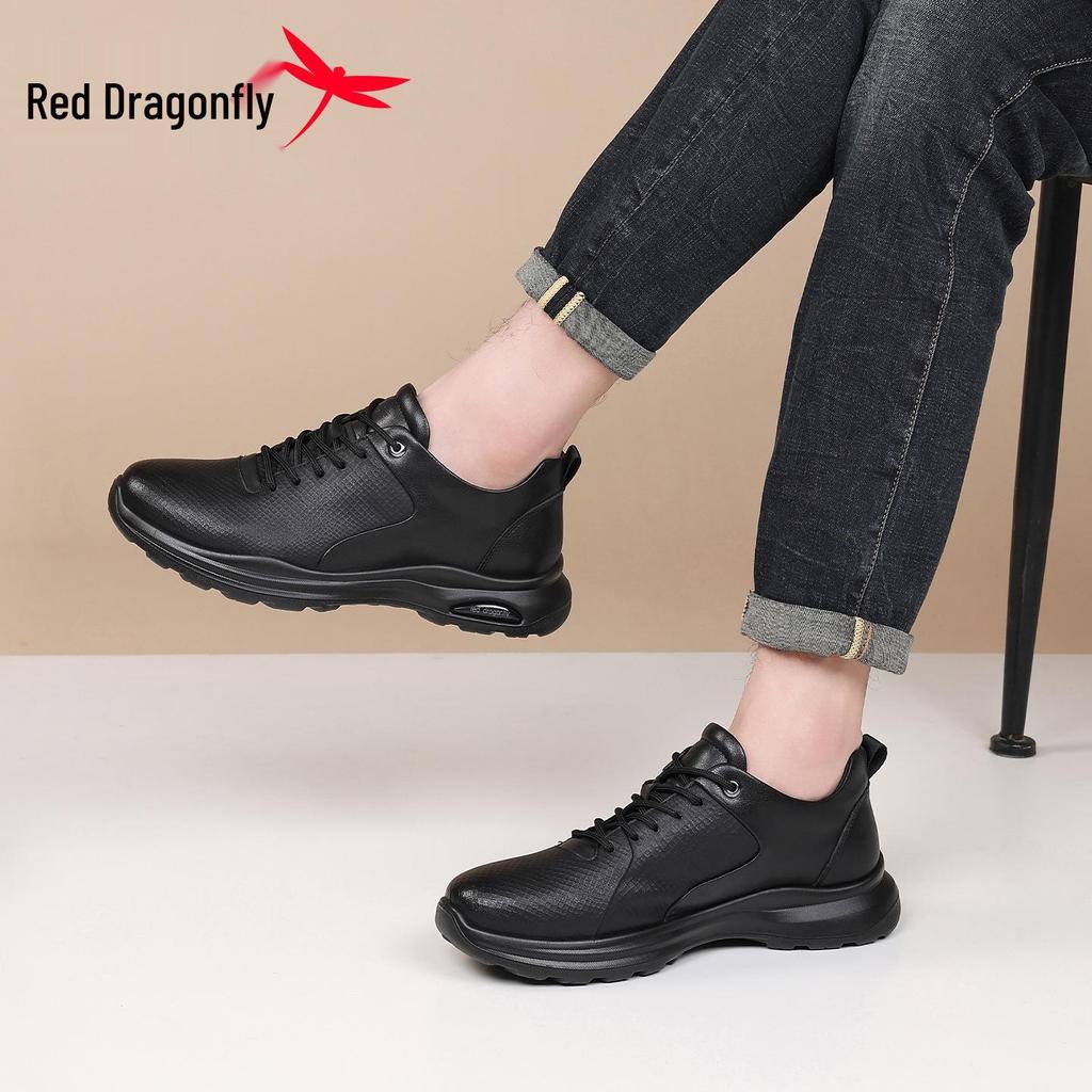 Red Dragonfly Men's Waterproof Leather Casual Shoes - Spring/Autumn Breathable Soft Sole Dad Shoes