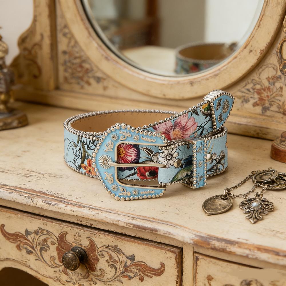 Korean Belt Blue Floral Belt Printed Belt Alloy Decorative Waistband For Ladies Jeans Trouser