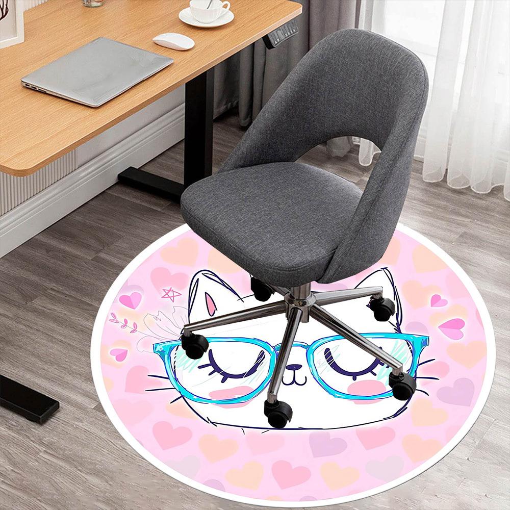

1pc white cat, glasses Round Chair mat Area Rug - Non-Slip, Floor Mat for Office, Bedroom, home decor Christmas Gift p0811308 80cm