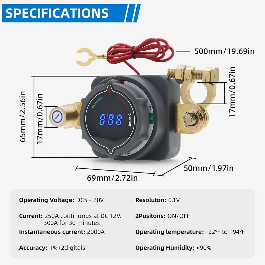 Upgrade 300A Battery Disconnect Switch with Voltmete Switch 12-48V Power Master Isolator Cut/Shut Off Switch DC5-80V for all car