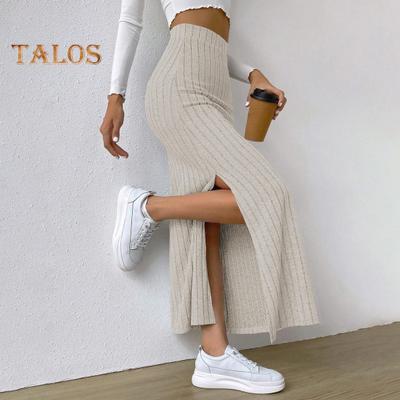 Damen Maxi-Ripprock, hohe Taille, seitlicher Schlitz, Strickrock, einfarbig, schmale Passform, langer Rock, Streetwear