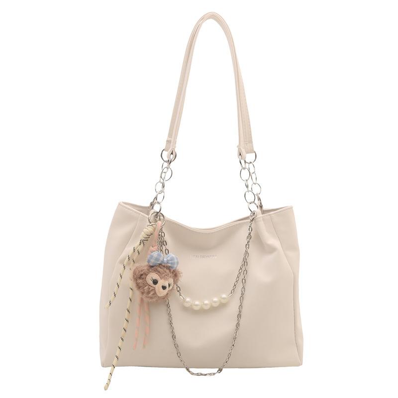 

Fashion solid color bag Korean niche new commuter pearl chain large capacity texture shoulder tote bag No pendant model білий