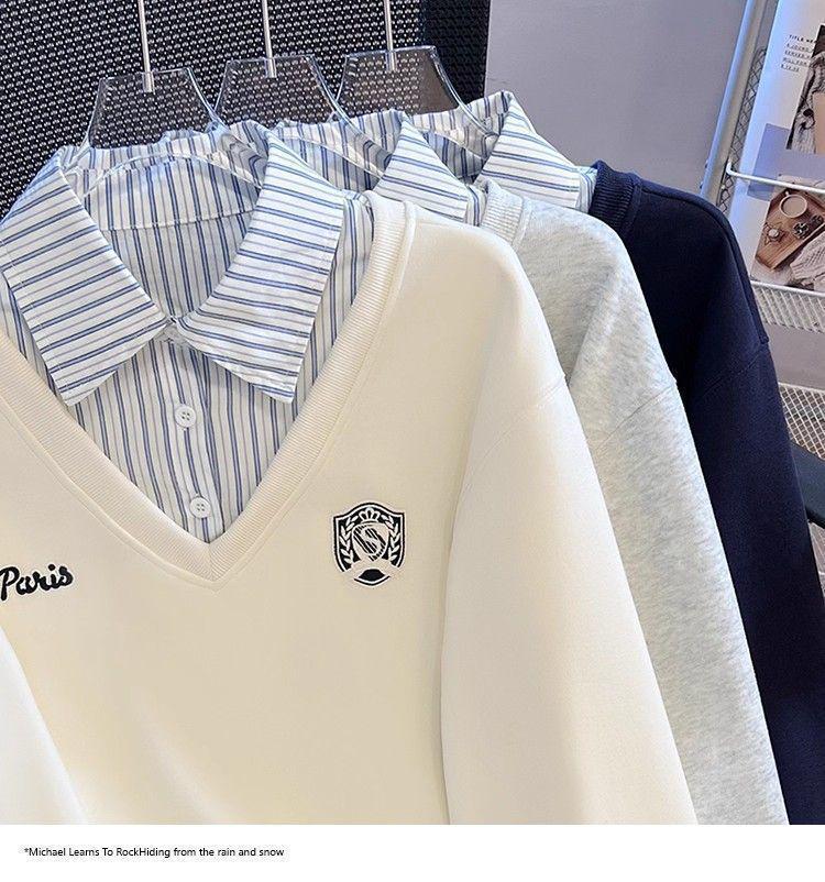 Plus Size Two-Piece Patchwork Polo Neck Sweatshirt - Women's Loose Slimming College Style for Spring & Autumn