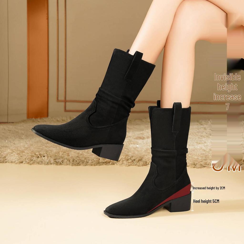 Martin Suede Petite Women's Hidden Heel Slouch Boots - New for Autumn/Winter 2025, High Heel Mid-Calf Short Boots