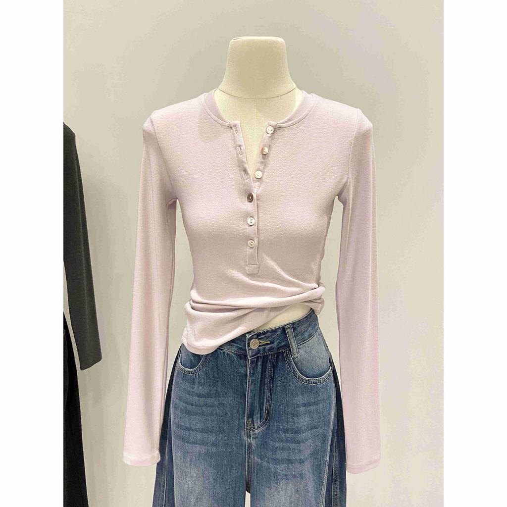 Women's Slim Fit Long Sleeve Henley Collar Mousse Cashmere Top for Spring/Autumn