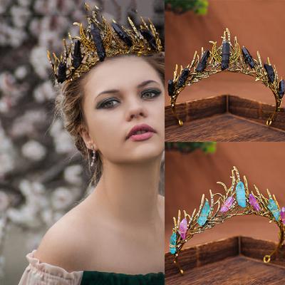 Queen Baroque Retro Natural Stone Crown Tiara Handmade Flame Crown Hair Bridal Accessories