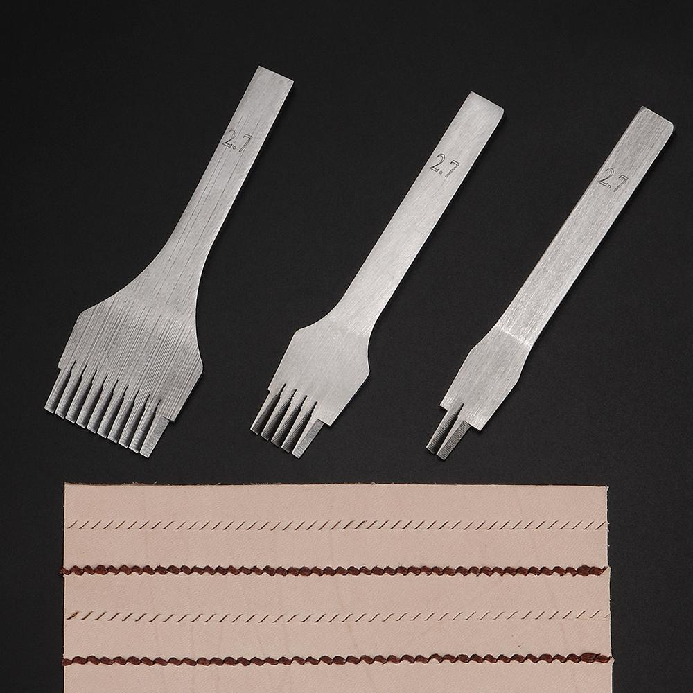 3Pcs 2.7/3.0/3.38/3.85mm Spacing 2/5/10 Teeth Leathercraft Stitching Oblique Flat Prong Chisel, DIY Craft Leather Punching Tools