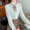 Winter Fashion New 2024 Long Sleeve Bow Stand Collar Apricot Velvet Lace Blouse Shirt Women Tops Blouses Shirts J808
