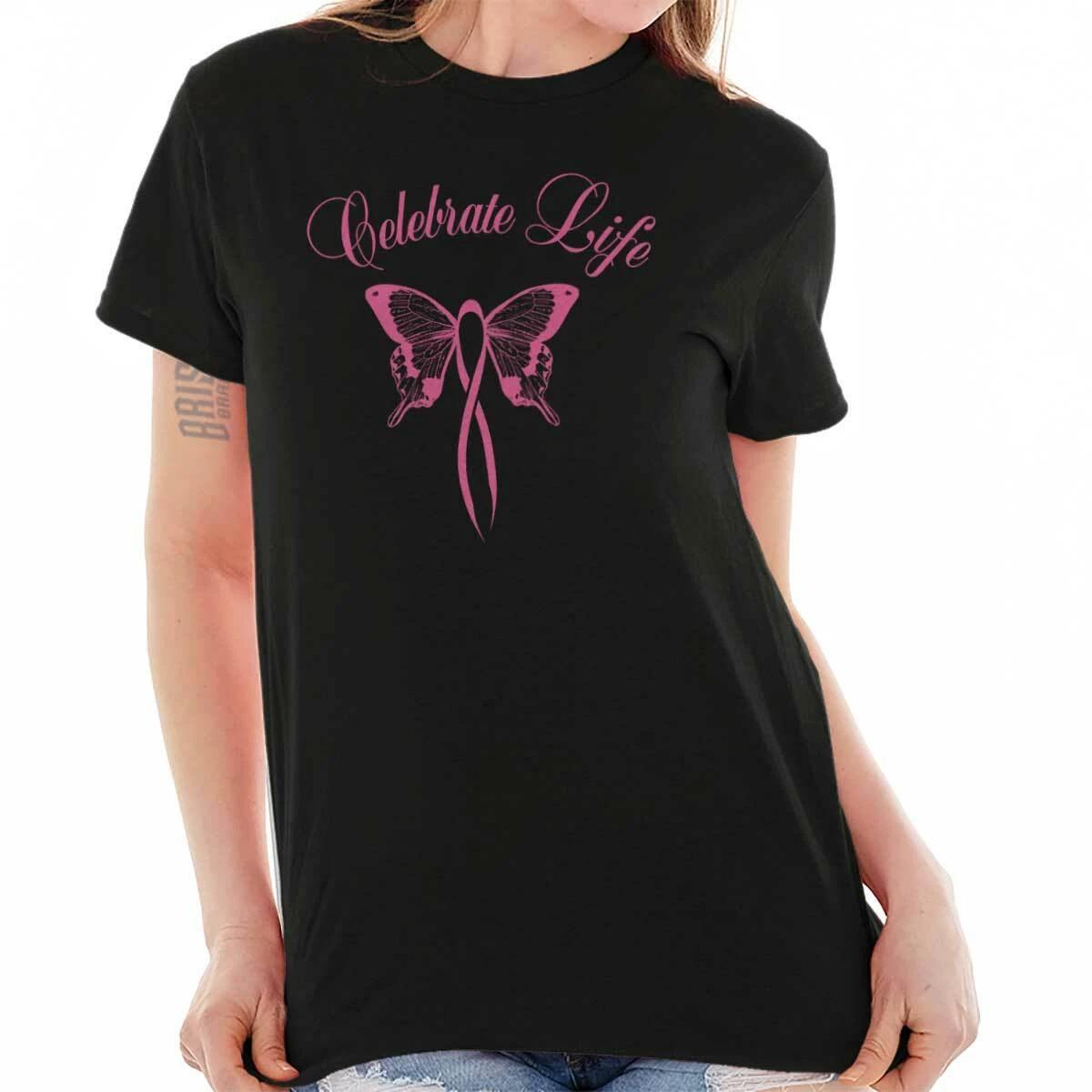 Breast Cancer Pink Celebrate Life Butterfly Womens Graphic Crewneck T Shirt Tee XXXXL