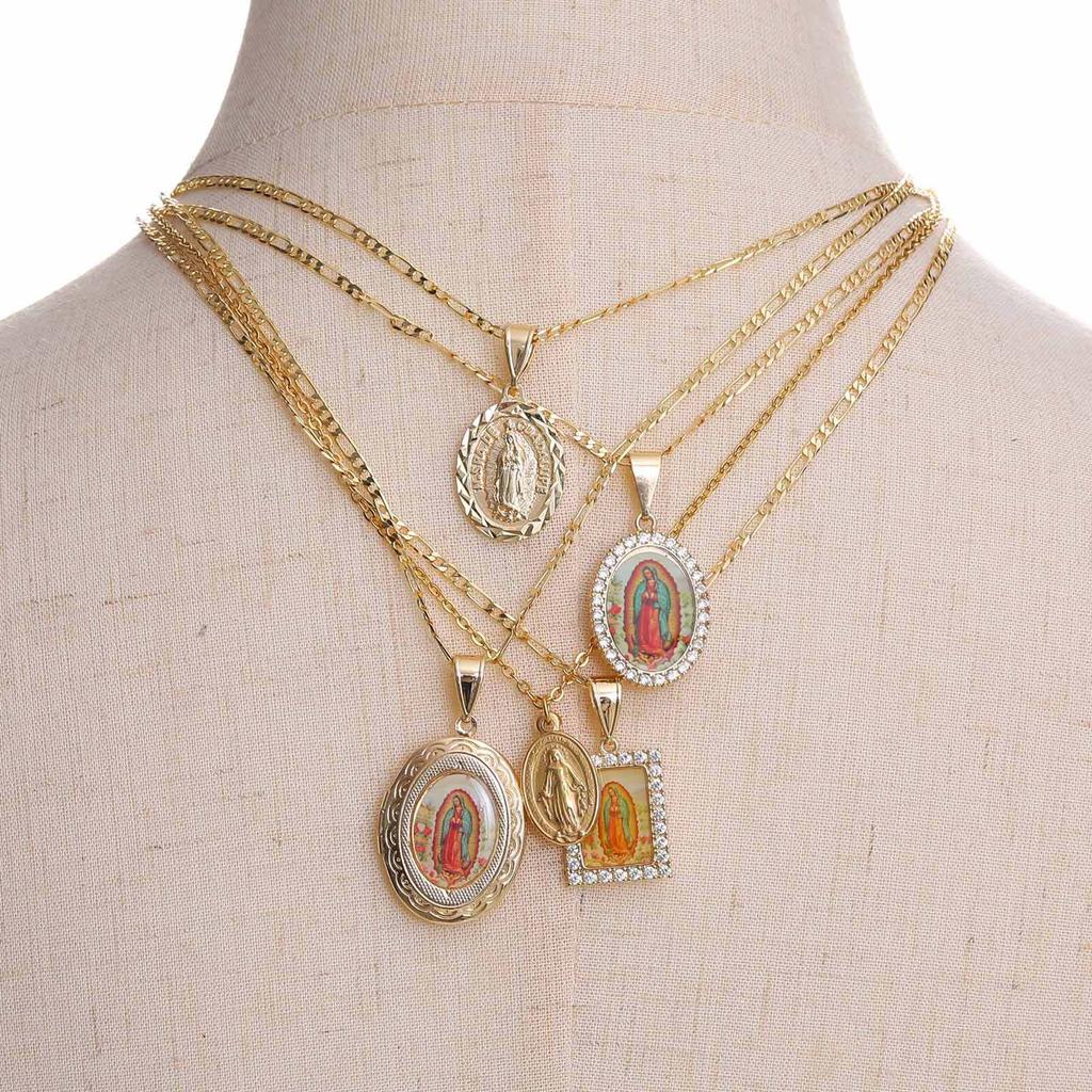 Vnox Dainty Virgin Mary Women Necklace Stainless Steel Chain Geometric Pendant Catholic Blessed Necklaces Religious Lucky Collar