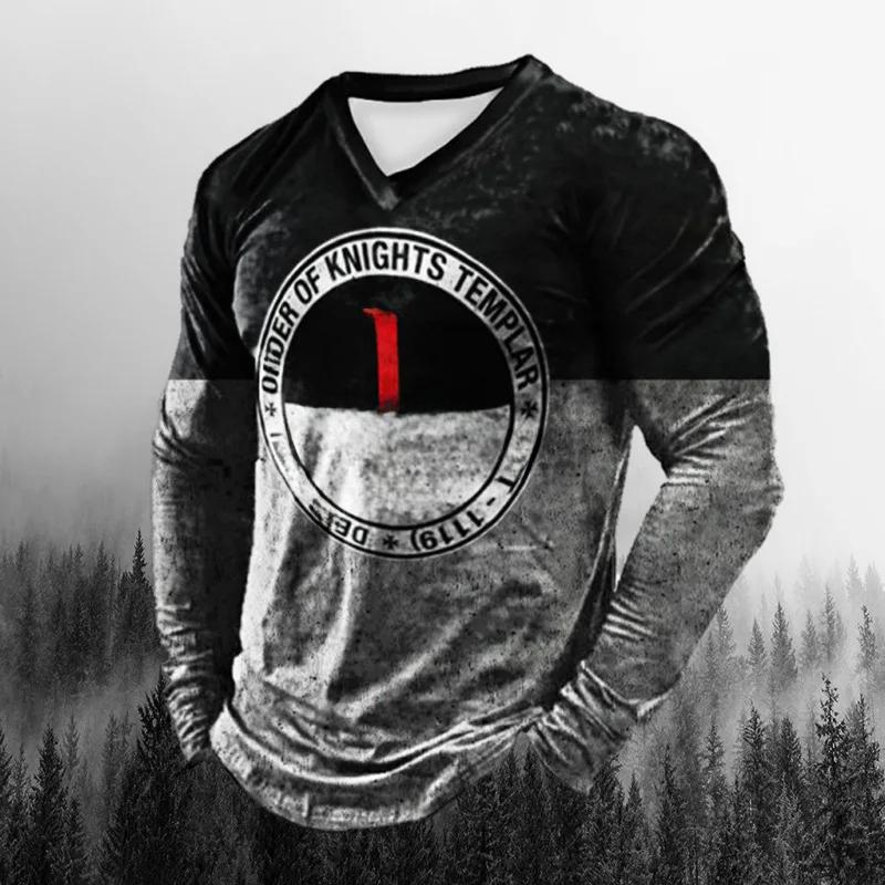 Knight 3D Digital Printing Flag T-shirt Unique Long Sleeve Pullover For Men European Style Cross-country Design