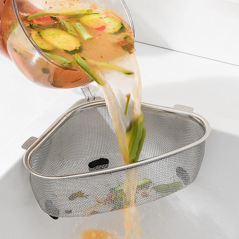 Coș de scurgere pentru chiuvetă de bucătărie din oțel inoxidabil Coș de scurgere triunghi pentru alimente, coajă de legume, filtru de ouă, organizator de depozitare, raft de bucătărie, rack de scurgere