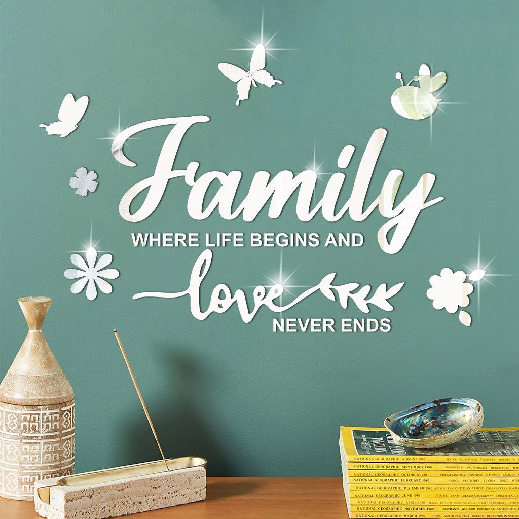 Family Letter Mirror Wall Stickers 3D Acrylic Wall Decal DIY Removable Wall Art Decor Butterfly Mural Stickers for Home Decor