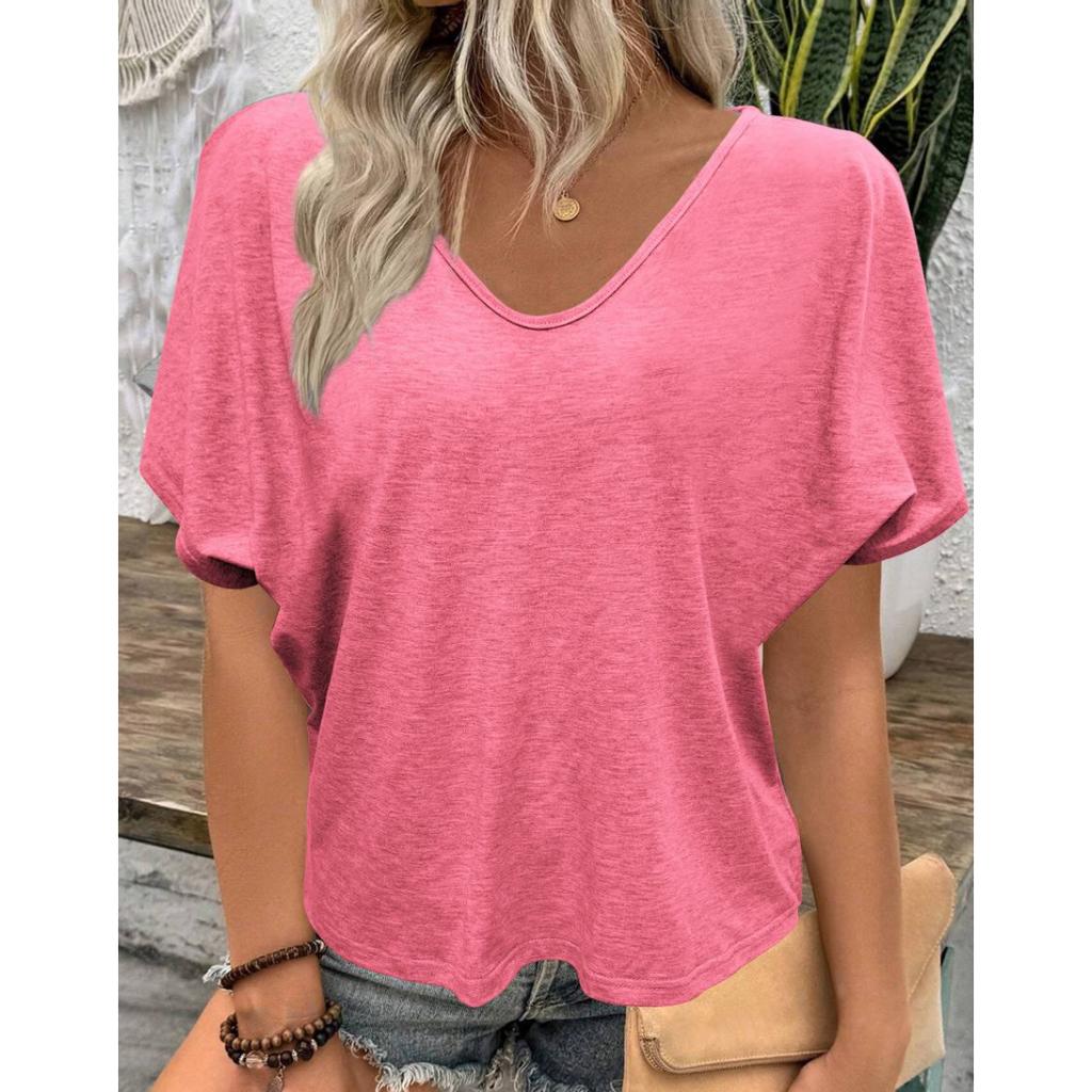 V-Neck Pleated T-Shirt, Loose Fit, Short Sleeves In Candy Colors.