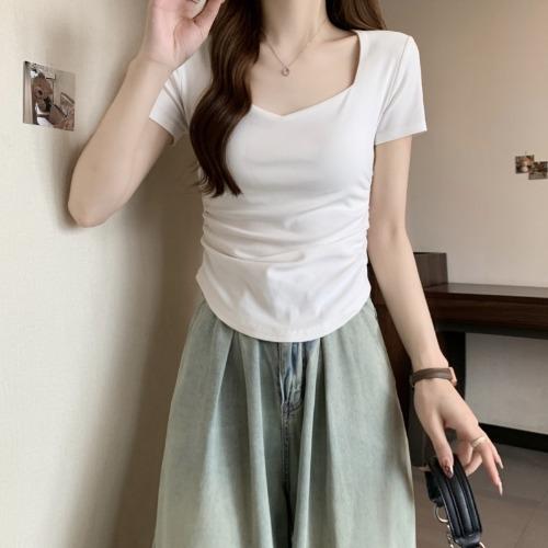 

Square collar front shoulder short-sleeved t-shirt women s summer new waist slim and thin short student pleated top trendy S белый