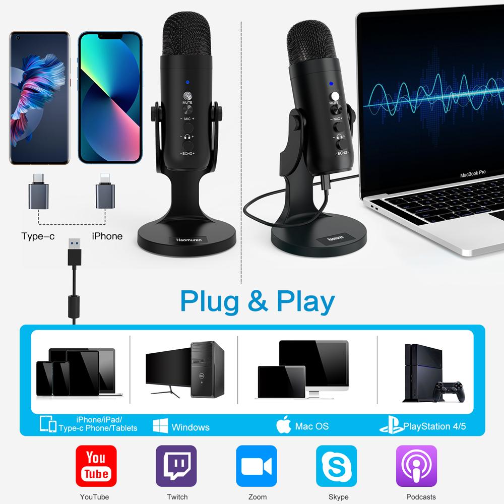 Haomuren USB Microphone for PC Mac Gaming Recording Streaming Podcast,Computer Condenser Mic with Phone Adapter Headphone Output