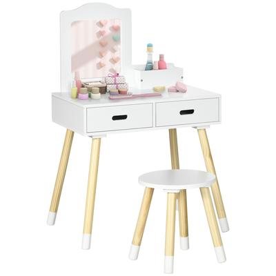 Kinderschminktisch Schminktisch mit Hocker Spiegel und 2 Schubladen 3 bis 6 Jahre 60 x 40 x 95 cm Weiß und Holz