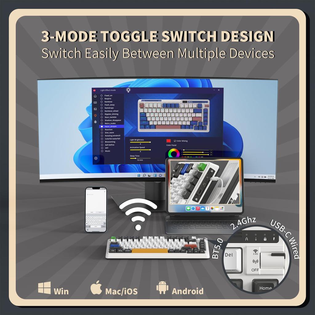 KZZI K75 PRO RGB Wireless Gasket Mechanical Triple Mode BT TKL 82 Key Hot Swapable Gaming Keyboard with Knobs and Power Custom Switches 75% Keyboard,