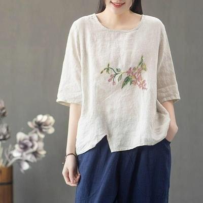 Cotton and Linen Blouse Women's Summer Plus Size Women's Chinese Ethnic Style Embroidery Literary Retro Season T-shirt Thin and Loose