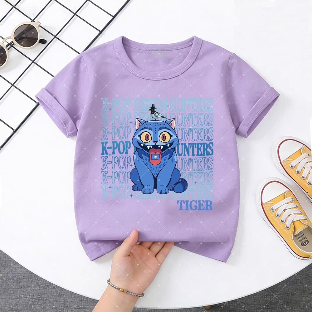 KPop Demon Hunter Cute Blue Cat with Bird Pattern Children's T-Shirt Fashionable Casual for Boys and Girls