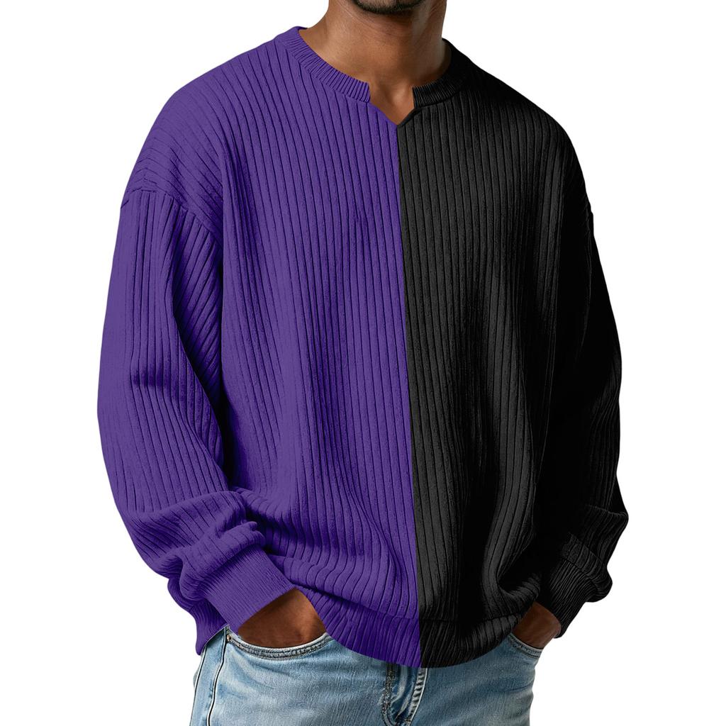 Men's Color-Blocked Stylish V-Neck Ribbed Textured Long-Sleeve T-Shirt