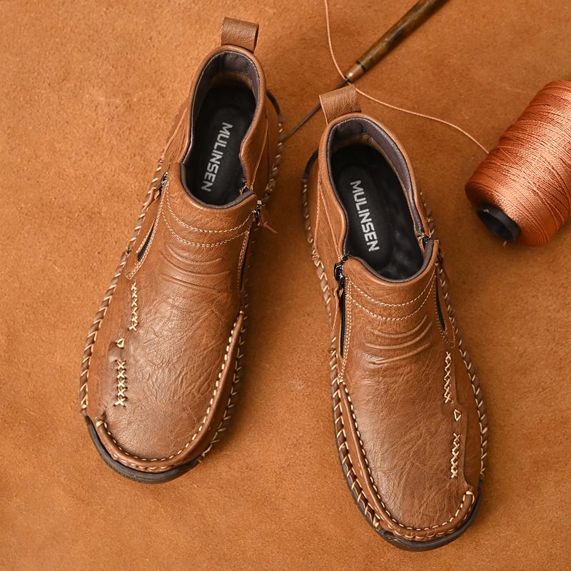 Men's Leather Boots Zipper High Top Casual Shoes
