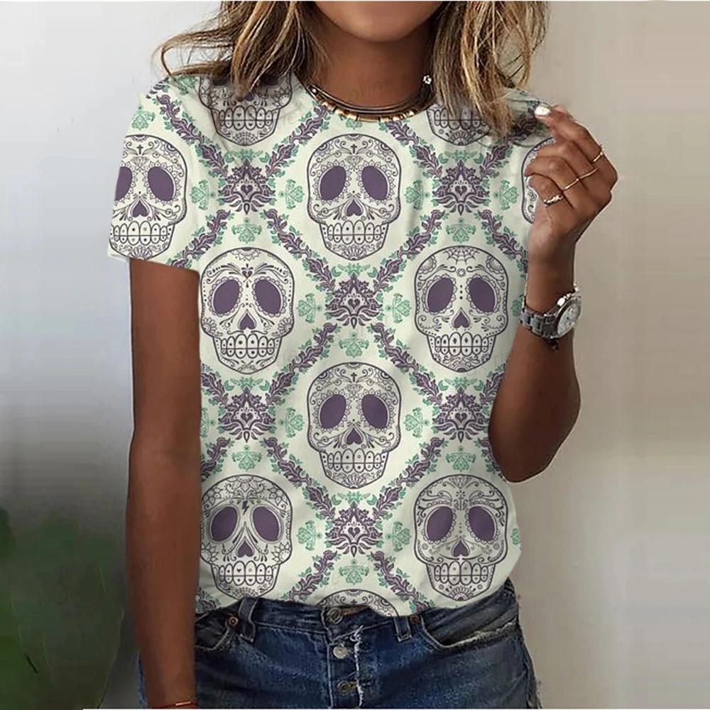 Women's 3D skull print retro T-shirt, round neck short sleeved T-shirt, Harajuku Y2K large T-shirt, women's clothing