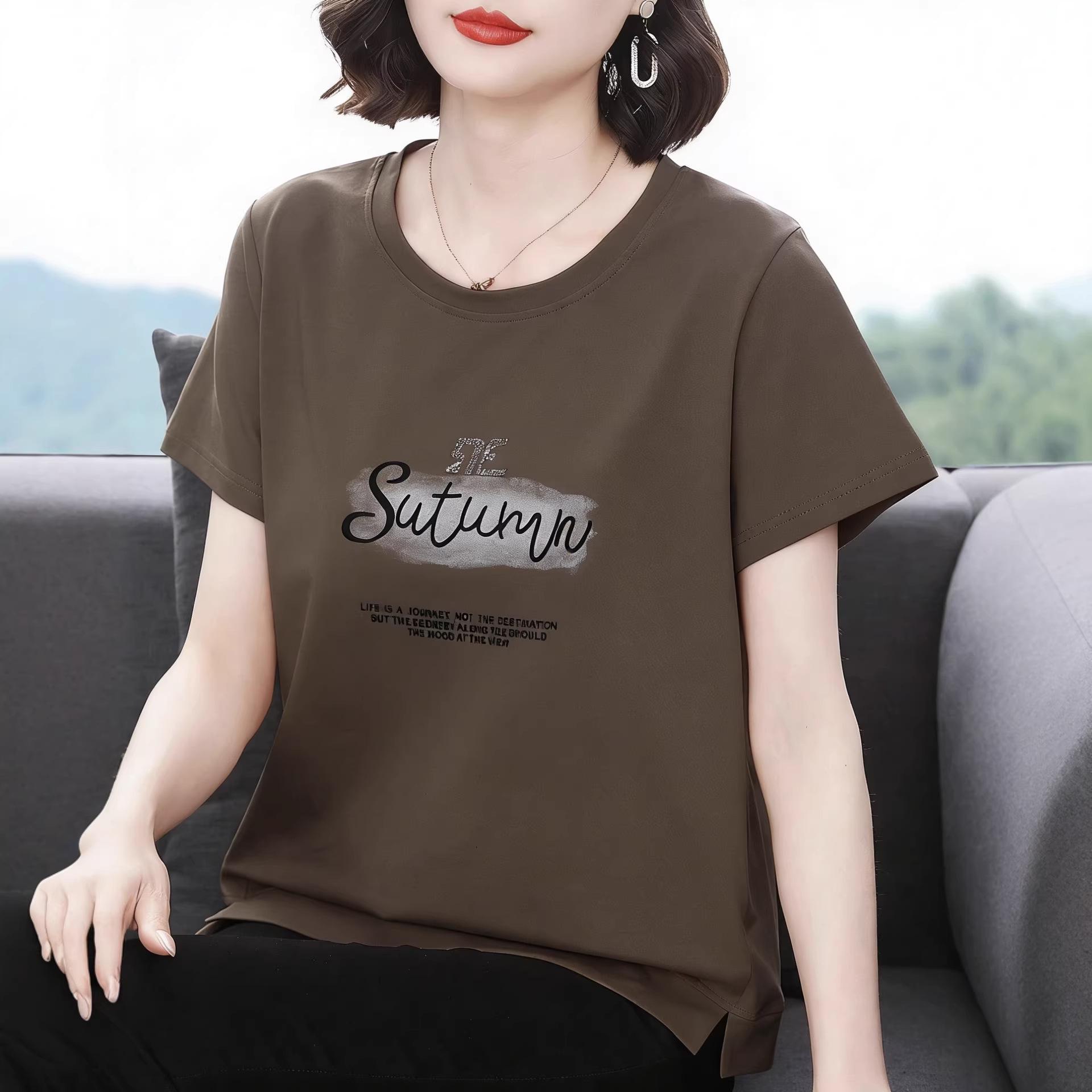 Plus Size Short Sleeve Casual T-Shirt, Belly Covering, Pure Cotton, Printed for Middle-Aged and Elderly Women 3XL