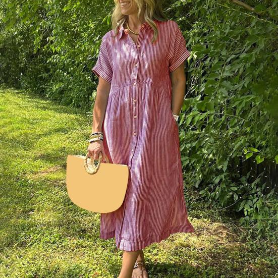 Striped Lapel Button Down Shirt Dress with Pockets Summer Casual Short Sleeve A-line Long