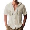 Men's Summer Solid Color Pockets Cotton Linen Short Sleeve Button Hooded