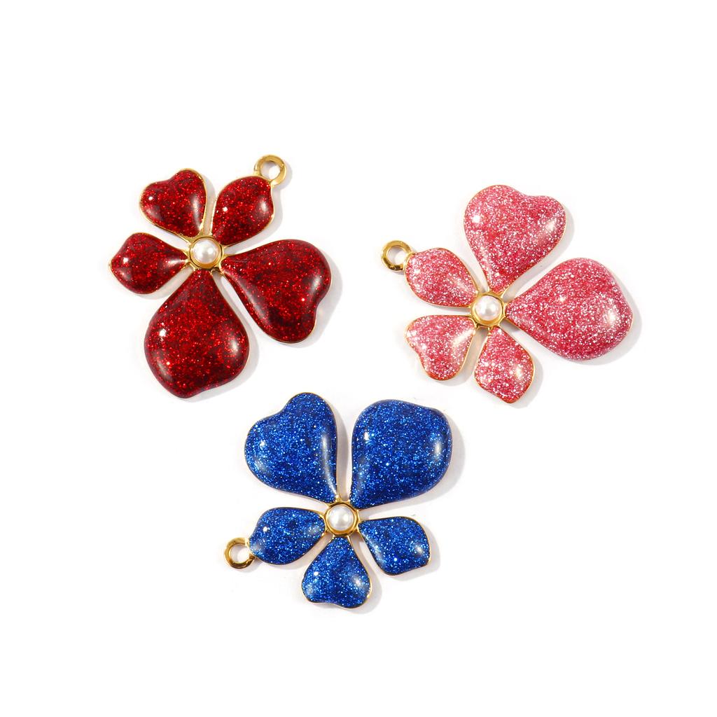 2 Pcs 304 Stainless Steel Pendants 18K Gold Plated Enamel Flower Acrylic Imitation Pearl Charms For DIY Necklace 3cm x 2.5cm