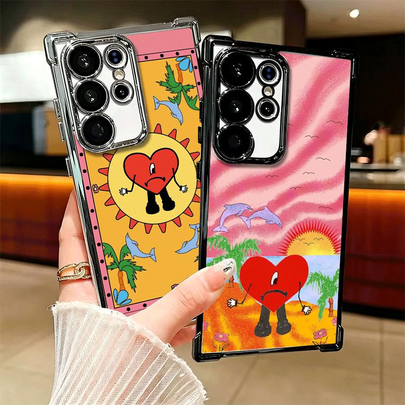 Bad Bunny Heart Plating Phone Case For Samsung Galaxy S24 S25 FE S26 Edge S23 Ultra S22 S21 Plus S20 Anti-Fall Airabag Cover