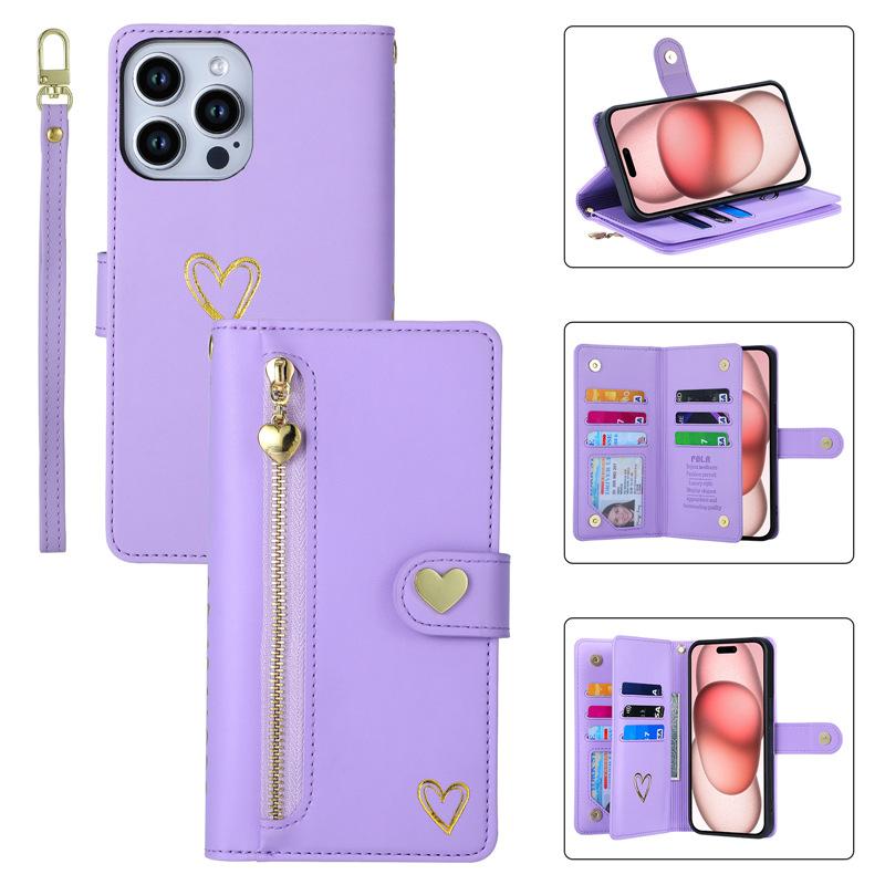 Applicable iPhone17ProMax Phone case with gold-embossed heart and zipper card slot17/16Flip cover with card slot15Wallet