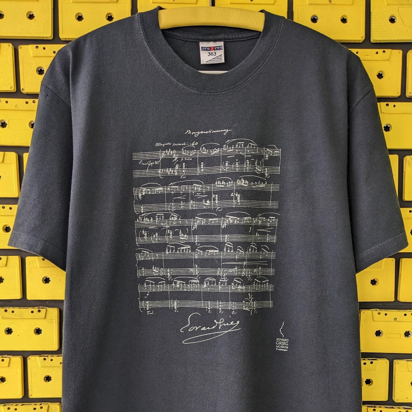 Vintage 90s Edvard Grieg T shirt Morning Mood Notes Print Norwegian Composer Pianist Tee Size L 4XL